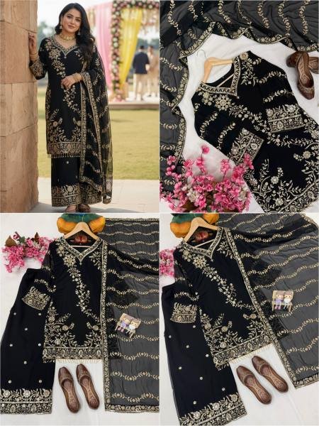 Black Readymade Embroidered Faux Georgette Suit with Moti Lace Border For Woman Ready To Wear Collection