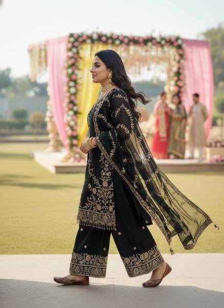 Black Readymade Embroidered Faux Georgette Suit with Moti Lace Border For Woman Ready To Wear Collection