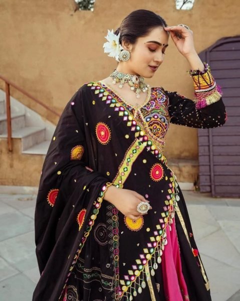 Black Real Mirror   Gota Patti Work Silk Lehenga Choli  Navratri Lehnega Choli