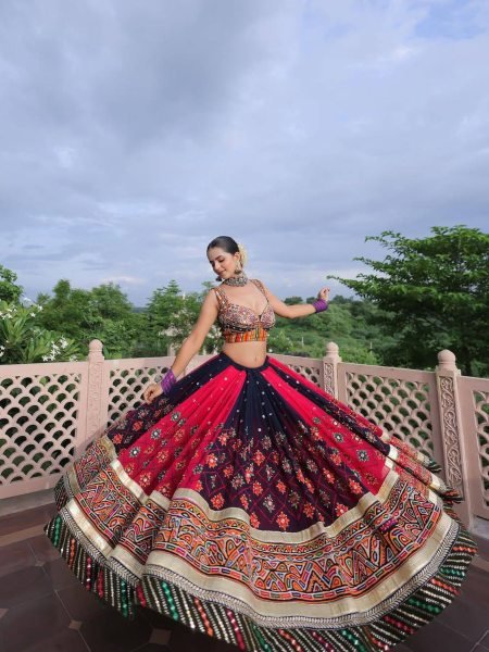 Black Red Designer Malai Silk Navratri Lehenga with Real Mirror Work and Digital Print Dupatta  Lehenga