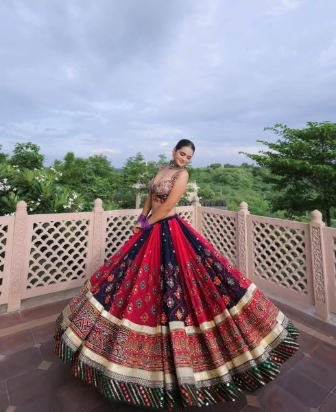 Black Red Designer Malai Silk Navratri Lehenga with Real Mirror Work and Digital Print Dupatta Navratri Lehnega Choli