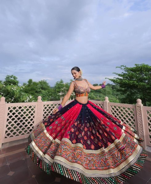 Black Red Designer Malai Silk Navratri Lehenga with Real Mirror Work and Digital Print Dupatta Navratri Lehnega Choli