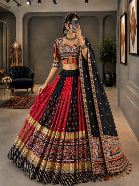 Black Red Designer Malai Silk Navratri Lehenga with Real Mirror Work and Digital Print Dupatta Navratri Lehnega Choli