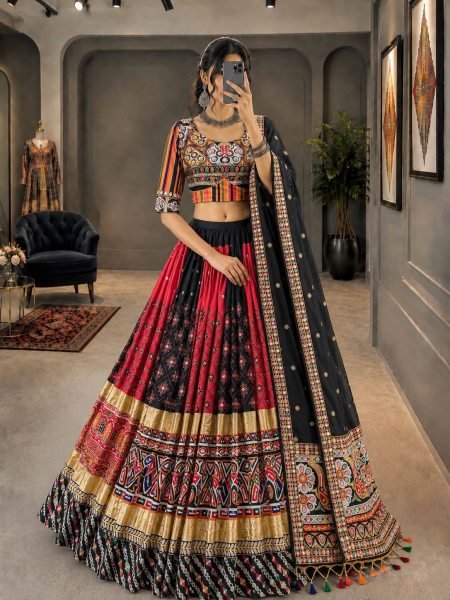Black Red Designer Malai Silk Navratri Lehenga with Real Mirror Work and Digital Print Dupatta Navratri Lehnega Choli