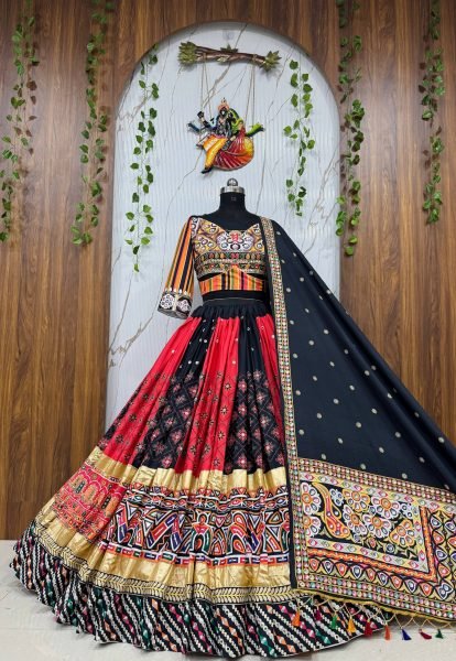 Black Red Designer Malai Silk Navratri Lehenga with Real Mirror Work and Digital Print Dupatta Navratri Lehnega Choli