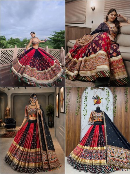 Black Red Designer Malai Silk Navratri Lehenga with Real Mirror Work and Digital Print Dupatta Navratri Lehnega Choli