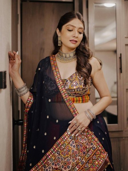 Black Red Designer Malai Silk Navratri Lehenga with Real Mirror Work and Digital Print Dupatta Navratri Lehnega Choli