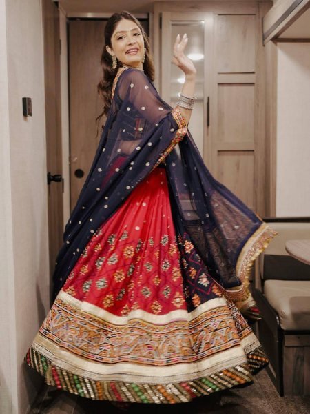 Black Red Designer Malai Silk Navratri Lehenga with Real Mirror Work and Digital Print Dupatta Navratri Lehnega Choli