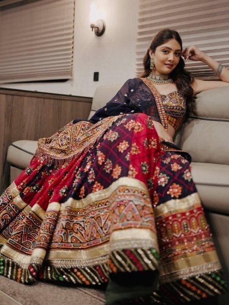 Black Red Designer Malai Silk Navratri Lehenga with Real Mirror Work and Digital Print Dupatta Navratri Lehnega Choli
