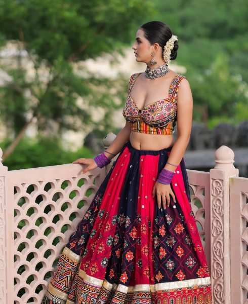 Black Red Designer Malai Silk Navratri Lehenga with Real Mirror Work and Digital Print Dupatta Navratri Lehnega Choli