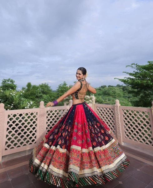 Black Red Designer Malai Silk Navratri Lehenga with Real Mirror Work and Digital Print Dupatta Navratri Lehnega Choli