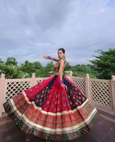 Black Red Designer Malai Silk Navratri Lehenga with Real Mirror Work and Digital Print Dupatta Navratri Lehnega Choli