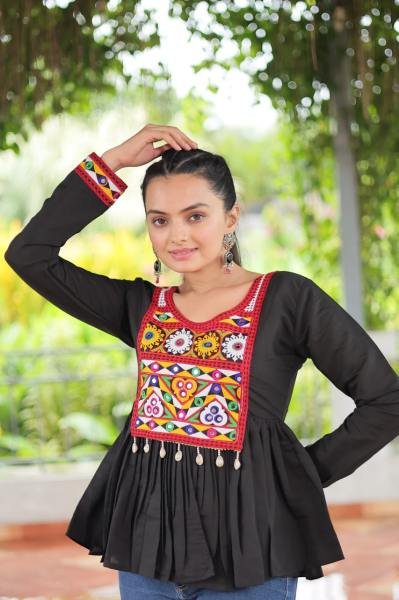 Black Roman Fabric Kutchi Work Peplum Top for Navratri Festive Wear Navratri Collection