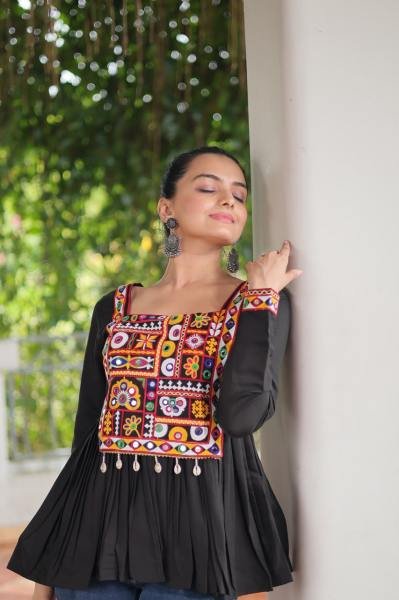 Black Roman Fabric Kutchi Work Peplum Top for Navratri Festive Wear Navratri Collection