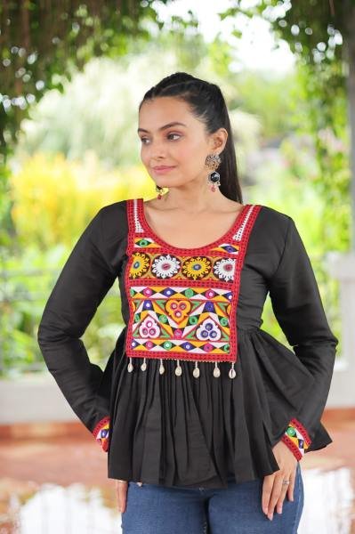 Black Roman Fabric Kutchi Work Peplum Top for Navratri Festive Wear Navratri Collection