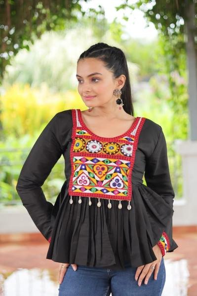 Black Roman Fabric Kutchi Work Peplum Top for Navratri Festive Wear Navratri Collection