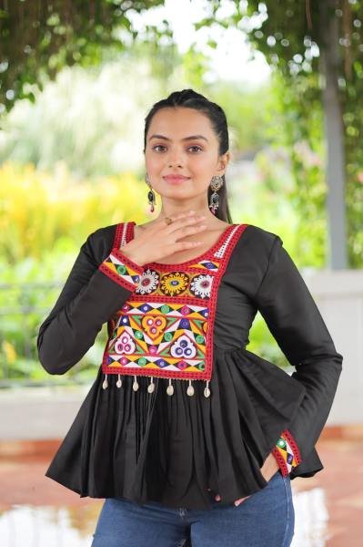 Black Roman Fabric Kutchi Work Peplum Top for Navratri Festive Wear Navratri Collection