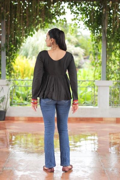 Black Roman Fabric Kutchi Work Peplum Top for Navratri Festive Wear Navratri Collection