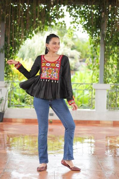 Black Roman Fabric Kutchi Work Peplum Top for Navratri Festive Wear Navratri Collection