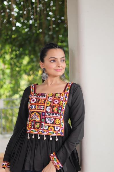 Black Roman Fabric Kutchi Work Peplum Top for Navratri Festive Wear Navratri Collection