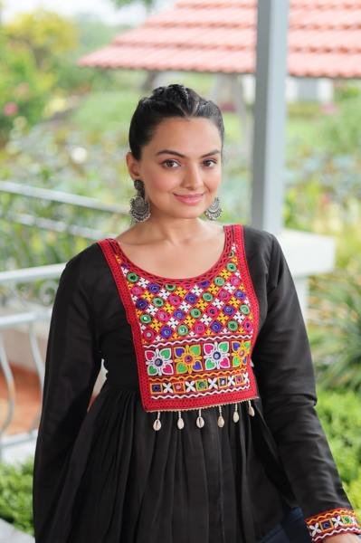 Black Roman Fabric Kutchi Work Peplum Top for Navratri Festive Wear Navratri Collection