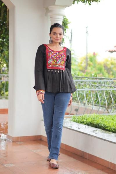 Black Roman Fabric Kutchi Work Peplum Top for Navratri Festive Wear Navratri Collection