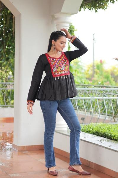 Black Roman Fabric Kutchi Work Peplum Top for Navratri Festive Wear Navratri Collection