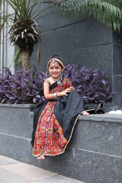 Black Roman Silk Kids Navratri Lehenga Choli with Mirror Work Dandiya Outfit Girls Wear