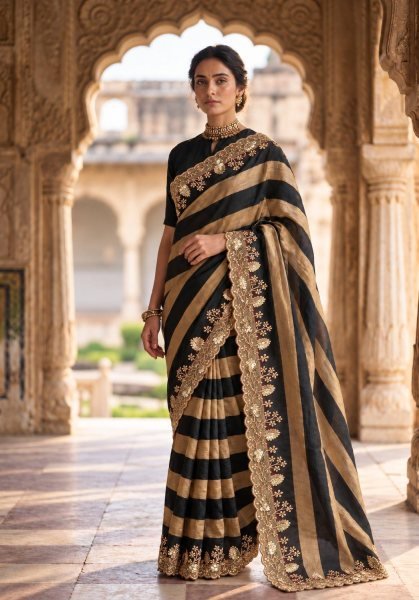 Black Salsa Silk Embroidered Saree with Mono Banglory Blouse at Factory Price Silk Sarees Wholesale