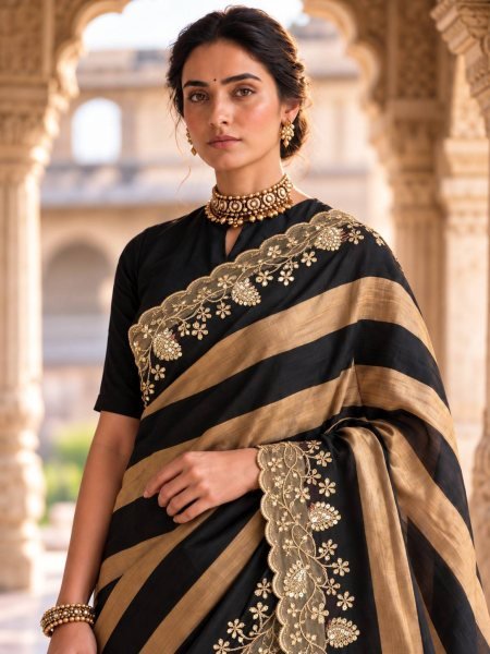 Black Salsa Silk Embroidered Saree with Mono Banglory Blouse at Factory Price Silk Sarees Wholesale