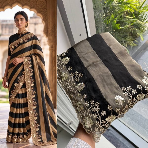 Black Salsa Silk Embroidered Saree with Mono Banglory Blouse at Factory Price Silk Sarees Wholesale