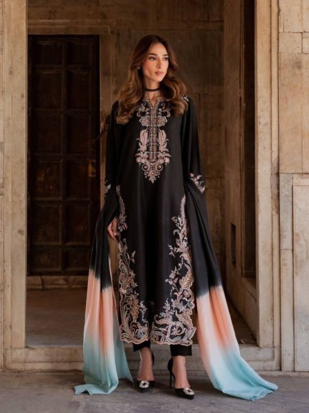Black Satin Rayon Long Kaftan Set with Shaded Dupatta Gpu Lace Border Kurtis