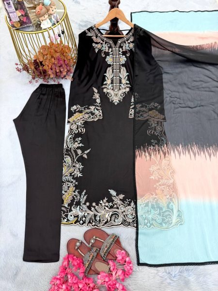 Black Satin Rayon Long Kaftan Set with Shaded Dupatta Gpu Lace Border Ready To Wear Collection