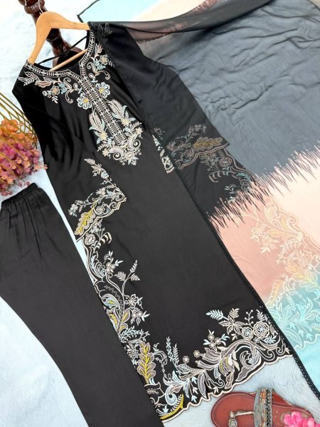 Black Satin Rayon Long Kaftan Set with Shaded Dupatta Gpu Lace Border Ready To Wear Collection