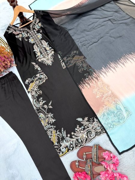 Black Satin Rayon Long Kaftan Set with Shaded Dupatta Gpu Lace Border Ready To Wear Collection