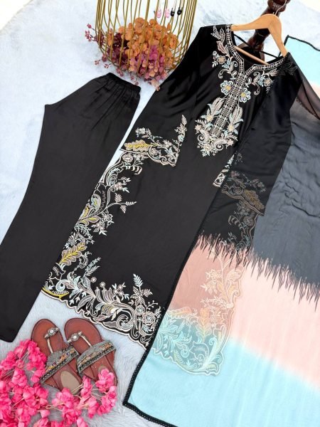 Black Satin Rayon Long Kaftan Set with Shaded Dupatta Gpu Lace Border Ready To Wear Collection