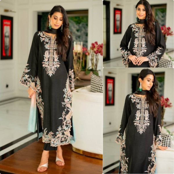 Black Satin Rayon Long Kaftan Set with Shaded Dupatta Gpu Lace Border Ready To Wear Collection