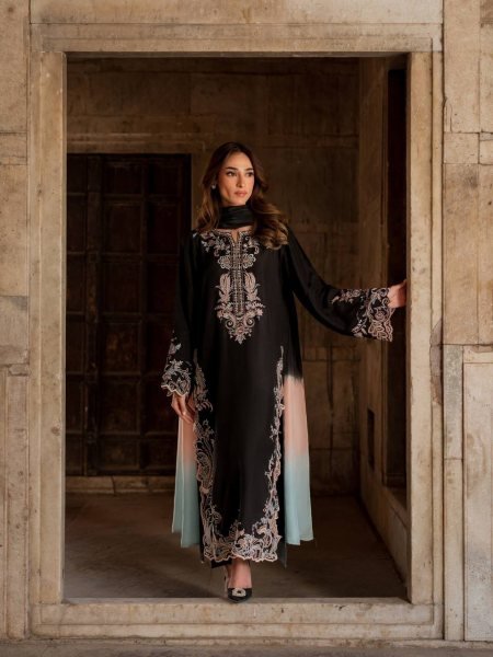 Black Satin Rayon Long Kaftan Set with Shaded Dupatta Gpu Lace Border Ready To Wear Collection