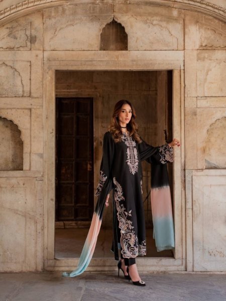 Black Satin Rayon Long Kaftan Set with Shaded Dupatta Gpu Lace Border Ready To Wear Collection