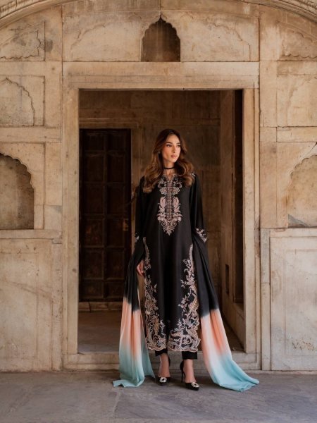 Black Satin Rayon Long Kaftan Set with Shaded Dupatta Gpu Lace Border Ready To Wear Collection