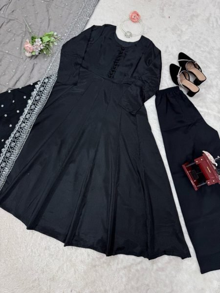 Black Sequins Chinon Silk Party Wear Anarkali Suit With Dupatta Ready To Wear Collection