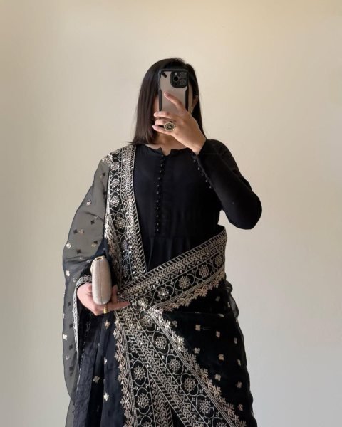 Black Sequins Chinon Silk Party Wear Anarkali Suit With Dupatta Ready To Wear Collection