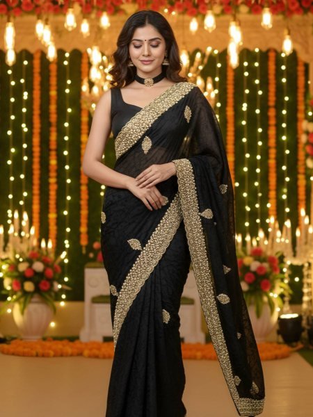 Black Silk Saree with Embellished Diamond Detailing for Party Wear Embroidery Sarees Wholesale