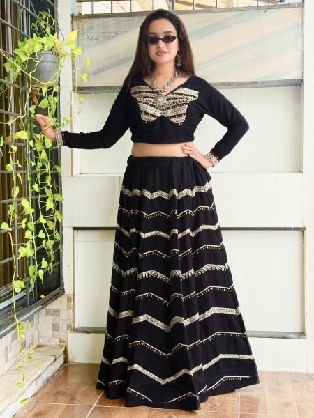Black Stitched Pure Rayon Lehenga with Heavy Coding Embroidery Work for Garba Night  Lehenga
