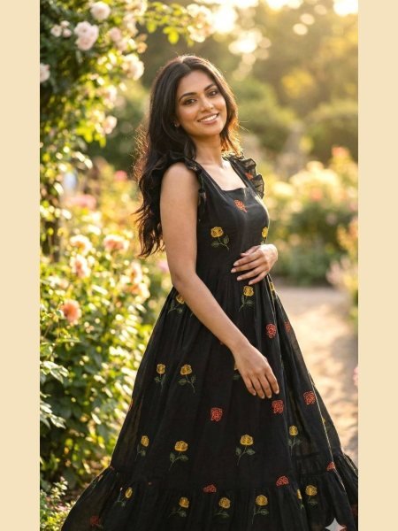Black Summer Garden Party Floral Embroidered Cotton Frock Kurtis