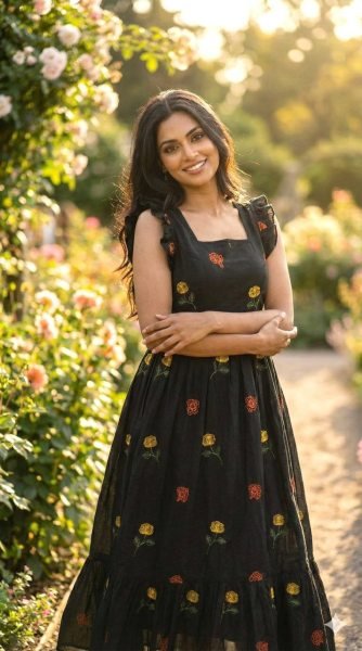 Black Summer Garden Party Floral Embroidered Cotton Frock Western Ladies Top Wholesale