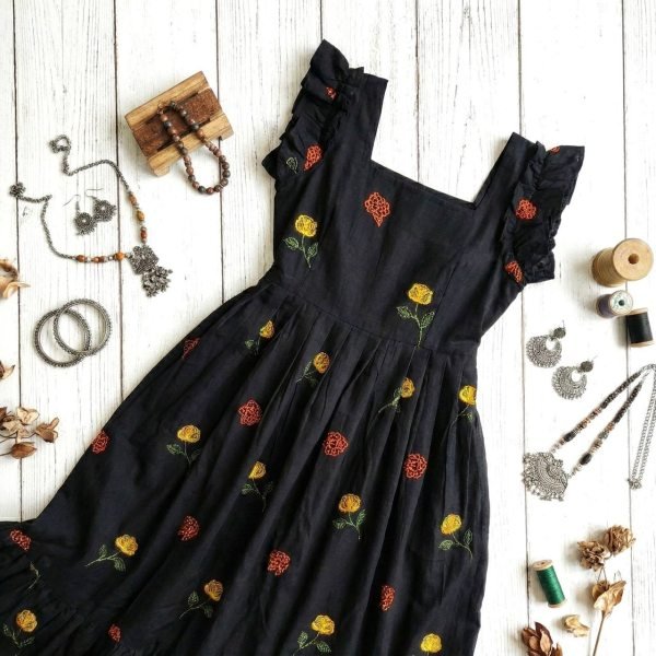 Black Summer Garden Party Floral Embroidered Cotton Frock Western Ladies Top Wholesale
