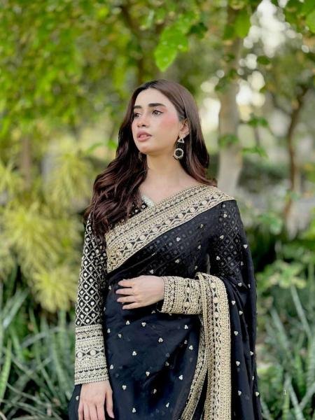 Black Tibby Silk Party Wear Saree with Sequin, Thread Work And Full Sleeve Blouse Sarees 