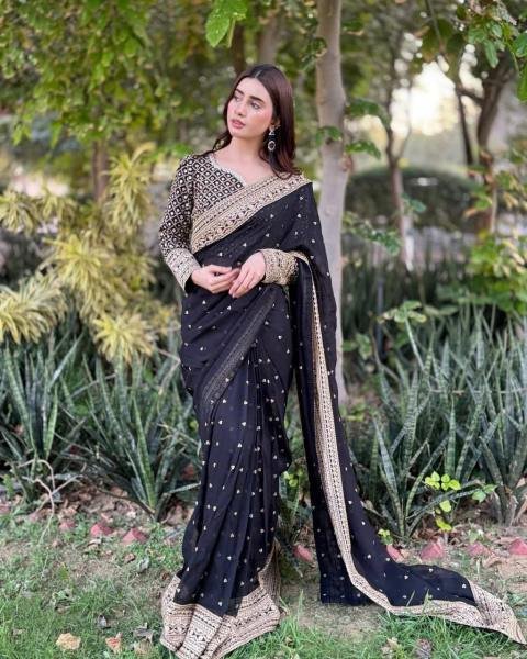 Black Tibby Silk Party Wear Saree with Sequin, Thread Work And Full Sleeve Blouse Silk Sarees Wholesale