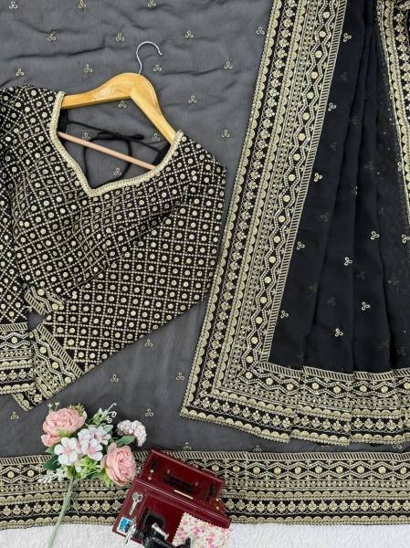 Black Tibby Silk Party Wear Saree with Sequin, Thread Work And Full Sleeve Blouse Silk Sarees Wholesale